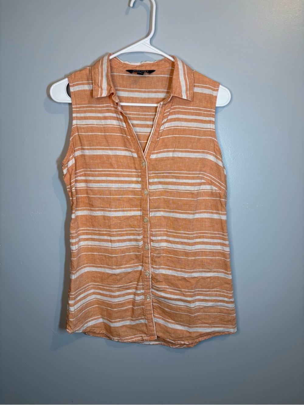 Ellen Tracy Women’s Small Sleeveless Orange White Striped Button-Front Linen Top